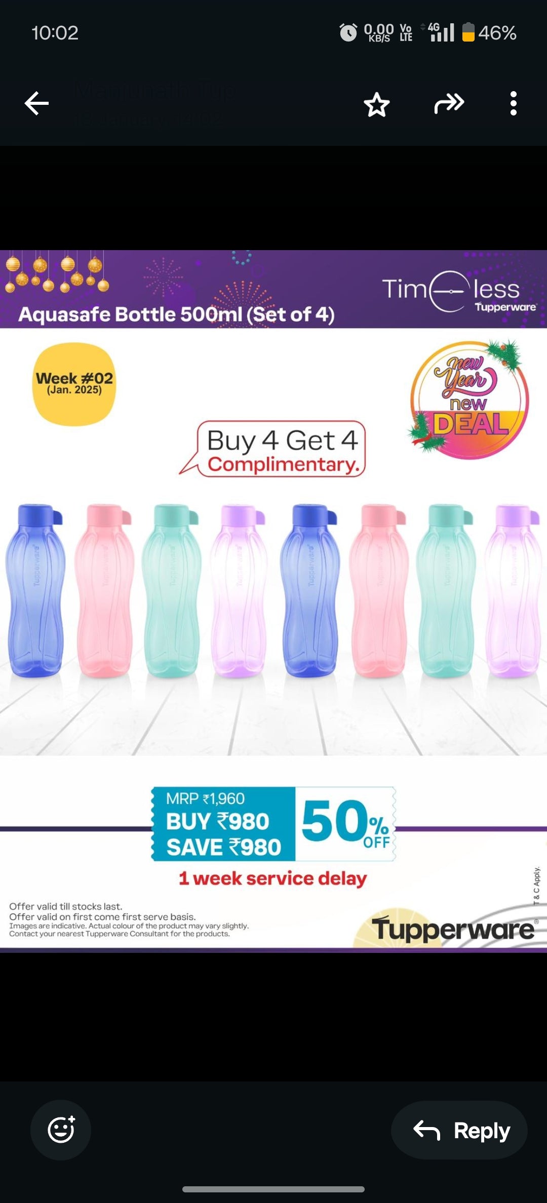 Tupperware AQUASAFE 500ML BOTTLE SF8